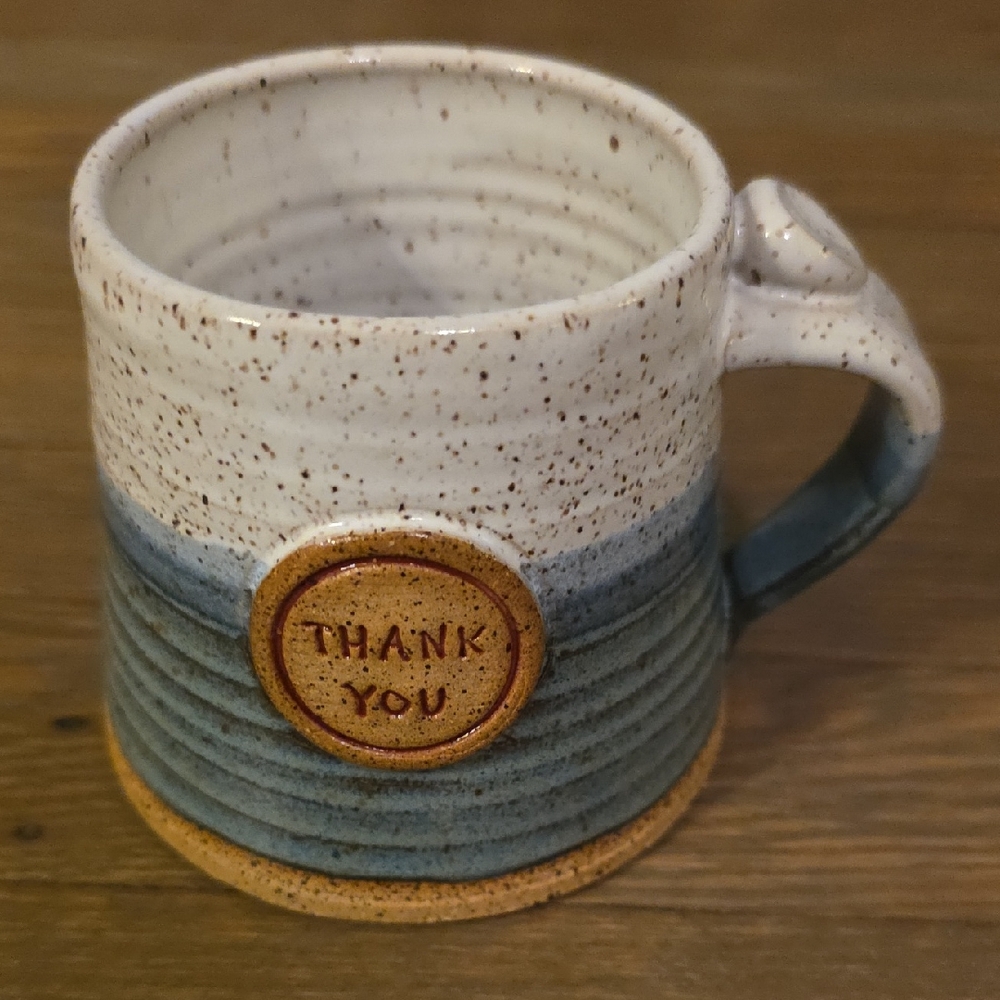 Amy Burk Pottery- "Thank You" Artisan Speckled Blue and Cream Mug